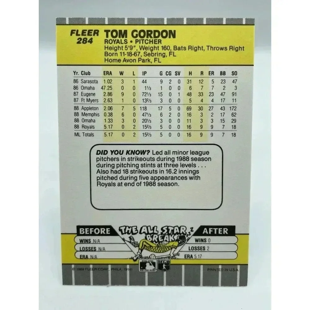 Tom Gordon #284‎ Kansas City Royals 1989 Fleer MLB TCG Mint
